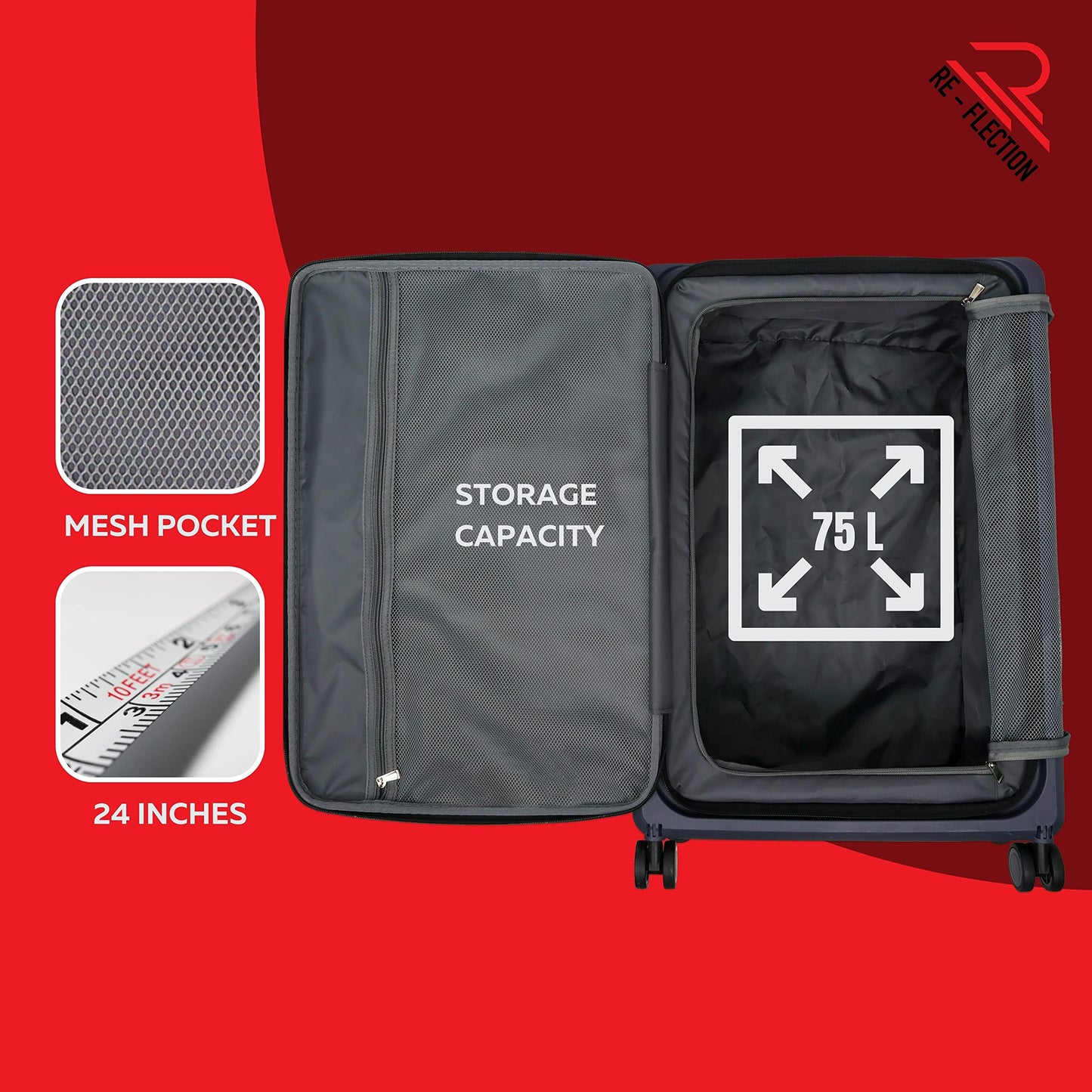Re-flection Collapsible 24 Inch Trolley Luggage Bag, Polypropylene Plastic Body, Portable Design, Ergonomically Designed Soft Handles, 2 Level Adjustable Handle,