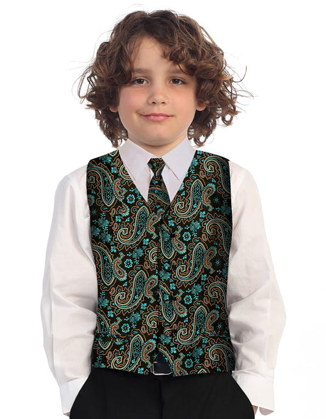 Gioberti Boy's 4 Piece Formal Paisley Tuxedo Vest, Bowtie, Tie, Pocket Square Set Size 14