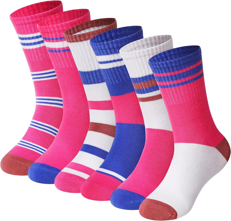 Eyean Girls Athletic Crew Socks Kids Cotton Sports Soft Breathable Casual Socks 6 Pairs