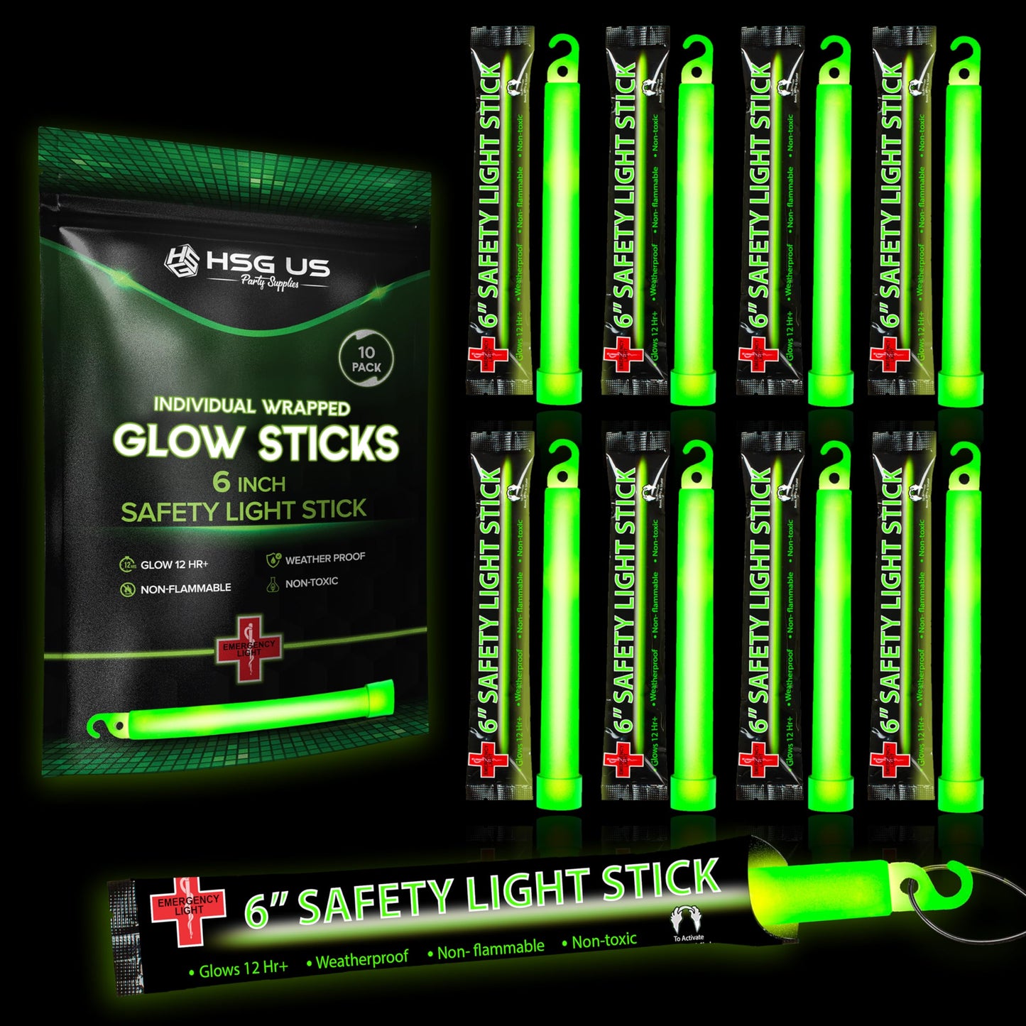 10 Ultra Bright Green Glow Sticks - Individual Packed With Lanyard - For Camping, Emergency Survival - Glow Lights for Blackouts, Hurricane and Storms- 6 Inch Chem Light Sticks with 12 Hour Duration