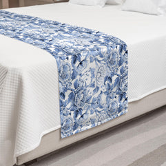Ambesonne Floral Bed Runner, Pastel Nature Monochrome Spring Composition of Blooming Peonies and Birds, Decorative Accent Bedding Scarf for Hotels Homes and Guestrooms, Queen, Ceil Blue and White