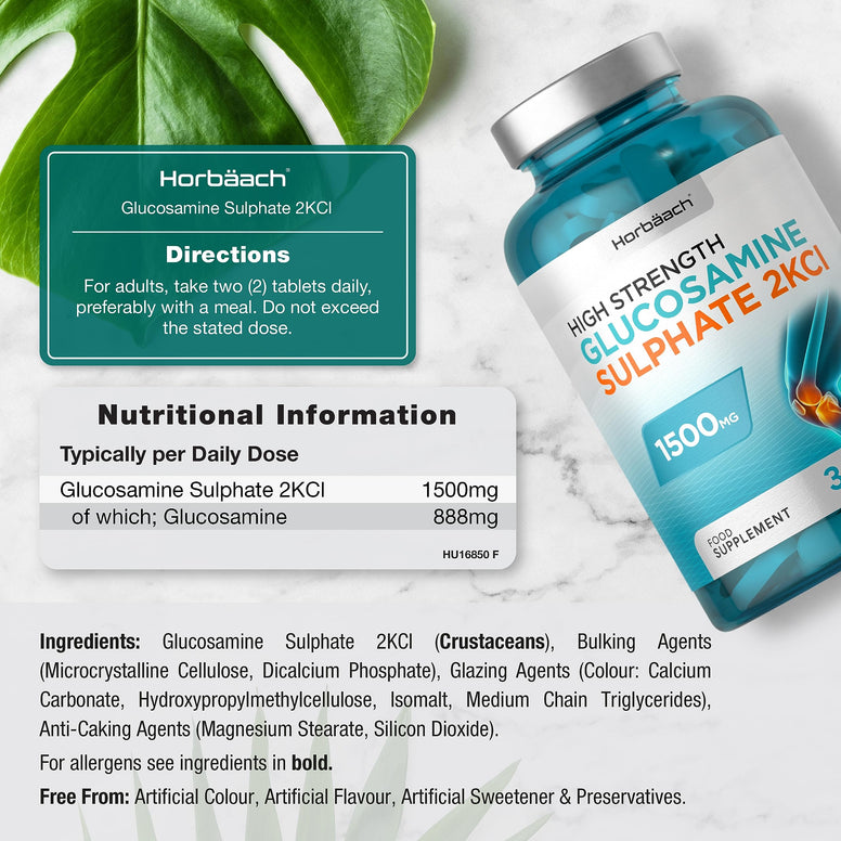 Glucosamine Sulphate 2KCL Supplement 1500mg | 360 Tablets | High Strength | No Artificial Preservatives | by Horbaach