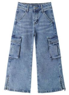 KIDSCOOL SPACE Girls' Cargo Jeans with Flap Pocket, Wide Leg and Split Hem Boyfriend Denim Pants,4-5Years