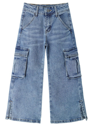 KIDSCOOL SPACE Girls' Cargo Jeans with Flap Pocket, Wide Leg and Split Hem Boyfriend Denim Pants,4-5Years