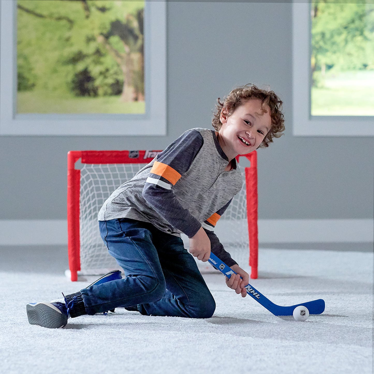 Franklin Sports NHL Kids Mini Hockey Set - Includes 1 Knee Hockey Goal - 2 Mini Hockey Sticks + 2 Foam Balls - Indoor Toy Mini Hockey Goal + Sticks Set,Red