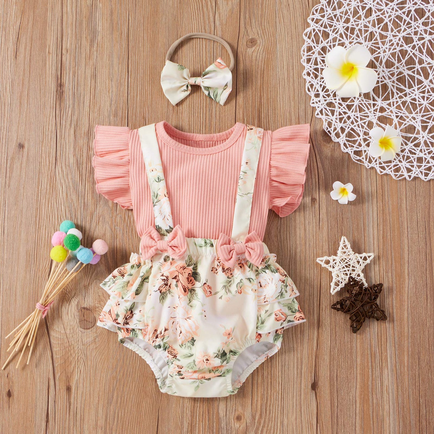 Newborn Baby Girls Summer Clothes Sets Ruffle Sleeve Top T-Shirt Floral Suspender Shorts Headband (0-3 Months)