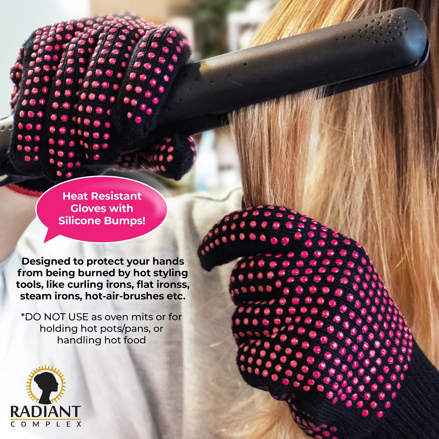 Radiant Complex 2 Piece Heat Resistant Gloves with Silicone Bumps, Professional Heat Proof Glove Mitts for Hair Styling, Curling Iron, Wand Flat Iron, Hot-Air Brushes, Universal Fit Size