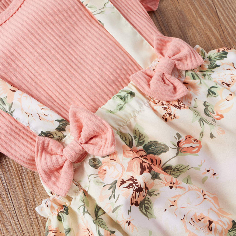 Newborn Baby Girls Summer Clothes Sets Ruffle Sleeve Top T-Shirt Floral Suspender Shorts Headband (0-3 Months)