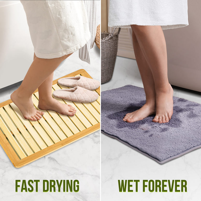 Serenelife Bamboo Wood Bathroom Bath Mat-Heavy Duty Natural Or Shower Floor Foot Platform Rug With Elevated Design For Water Evaporation And Non Slip Rubber Feet For Indoor Outdoor Use