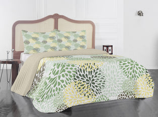 Lunarable Floral Microfiber Bedspread Set, Modern Floral Ornate Petals Flourish Traditional Springtime Garden Leaves, Soft Bedding Set with Pillow Shams & Comforter, Queen Size, Green Yellow Brown