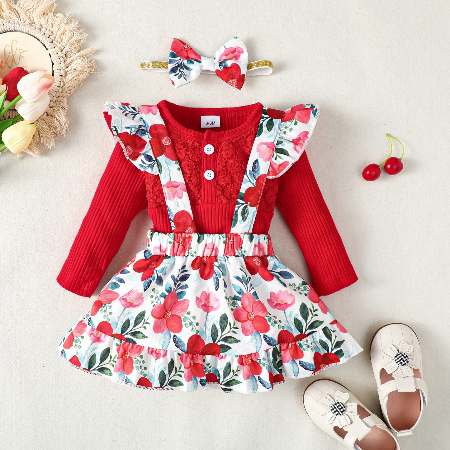 Haokaini Newborn Baby Girl Floral Braces Skirt Outfits Ruffle Long Sleeve Lace Romper Top with Headband Jumpsuit Dress Clothing Set, for 0-3 Months