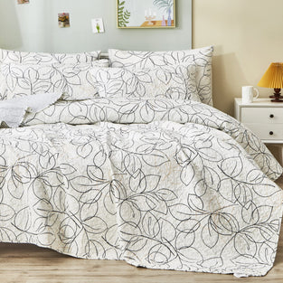 Tache Modern Abstract Floral Leaf Minimalist Line Art White Black Grey Gold Bedspread Coverlet Set, Cal King