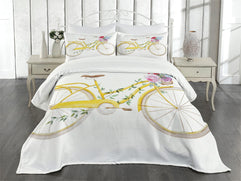 Ambesonne Vintage Bedspread, Watercolor Style Effect Bicycle Leaves and Flowers in The Basket Pattern, Decorative Quilted 3 Piece Coverlet Set with 2 Pillow Shams, Queen Size, White Yellow