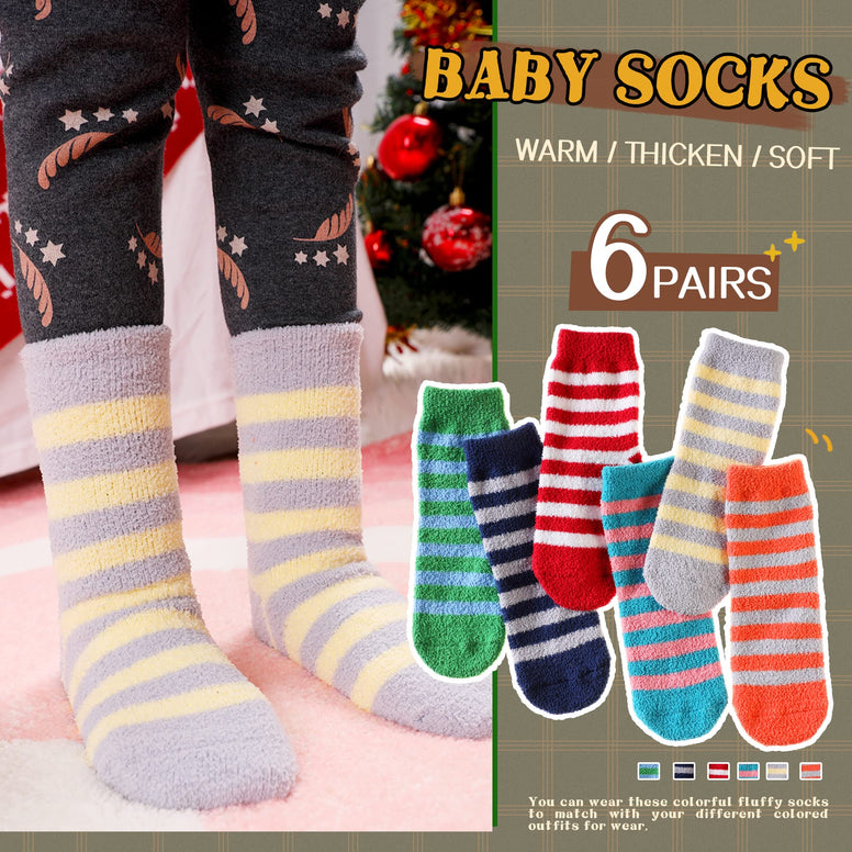 Baby Fuzzy Grip Slipper Socks Boys Girls Non-Slip Cozy Winter Fluffy Warm Little Kids Toddler Socks 6 Pairs (0-12 Months)