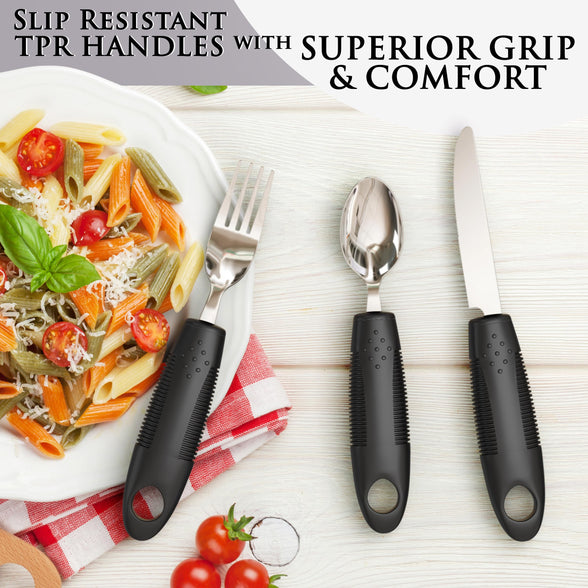 Medipaq Comfort Grips Cutlery - Disability Eating Aids - Great for The Elderly, Disabled or Those Suffering with Tremors and Trembling Hands - (Black Extra Grip (1x Set))