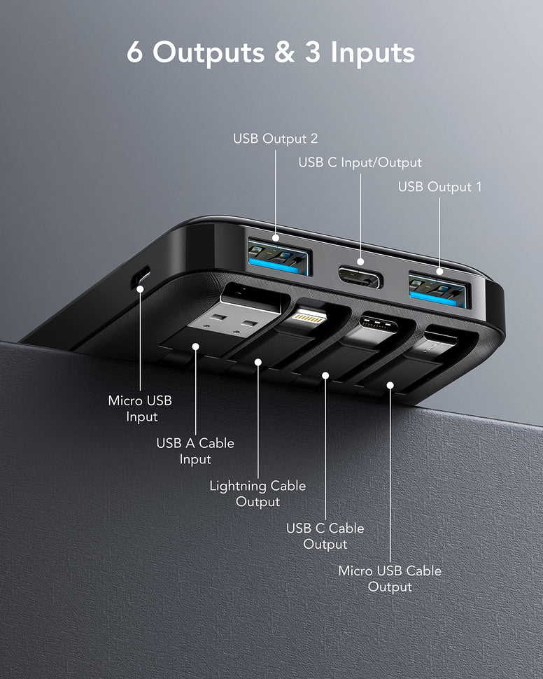 Charmast Power Bank with Built in Cable, 10000mAh USB C Battery pack 6 Outputs 2 Inputs with LED Display Type C Powerbank Portable Charger Compatible with Smartphones Tablets and More(Black)