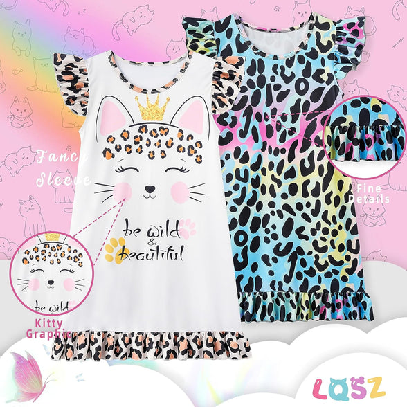 LQSZ Girls Nightgowns 2-Pack Little Girls Pajama Nightdress Sleep Wear 3-12 Y