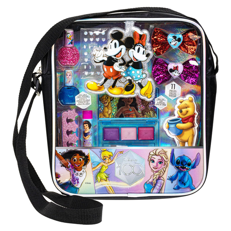 Disney 100 Makeup Filled Drawstring Backpack with Mirror includes Lip Gloss, Nail Polish, Hair Bow & more! for Girls, Ideal for Ages 3-6 perfect for Parties & Makeovers