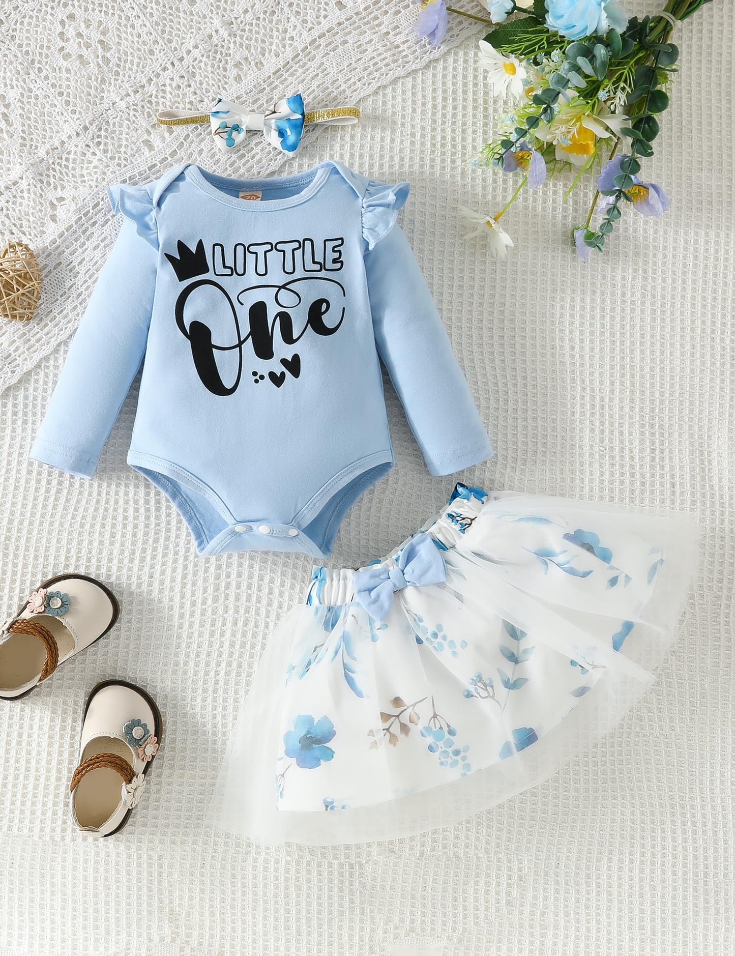 Haokaini Baby Girl Skirt Set New Born Long Ruffles Sleeve Lettering Print Novel Top Flower Tutu Bow Princess Dress Three Pieces, for 0-3 Months