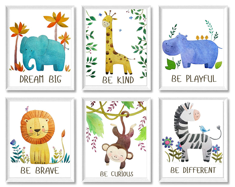 Baby Nursery Decor - Jungle Safari Animal Unframed Wall Art -Set of 6 Posters 8x10 - Lion, Giraffe, Elephant, Monkey, Zebra, Hippo with Inspirational Quotes for Boy Girl Kids