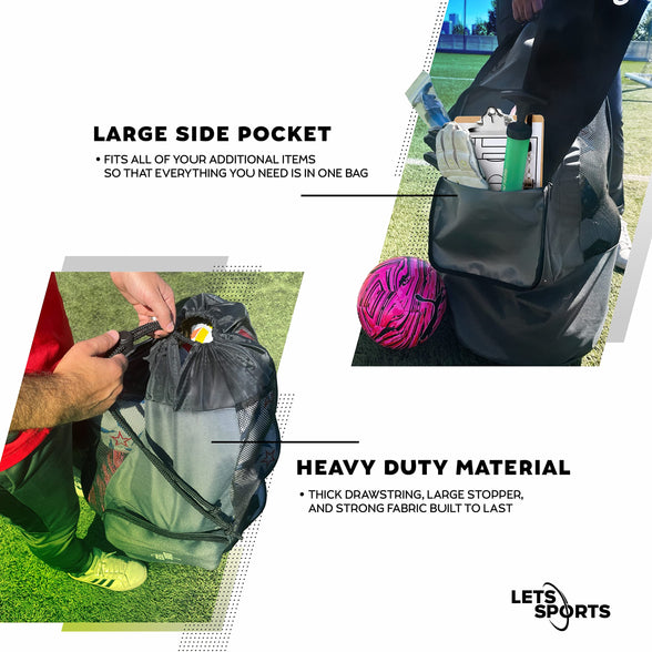 LETS Sports Ball Bag, Soccer Basketball Volleyball Ball Bag for Coaches, Large Mesh Drawstring Training Equipment Ball Storage Net, Heavy Duty Football Tennis Lacrosse & Sports Accessories Holding Bag