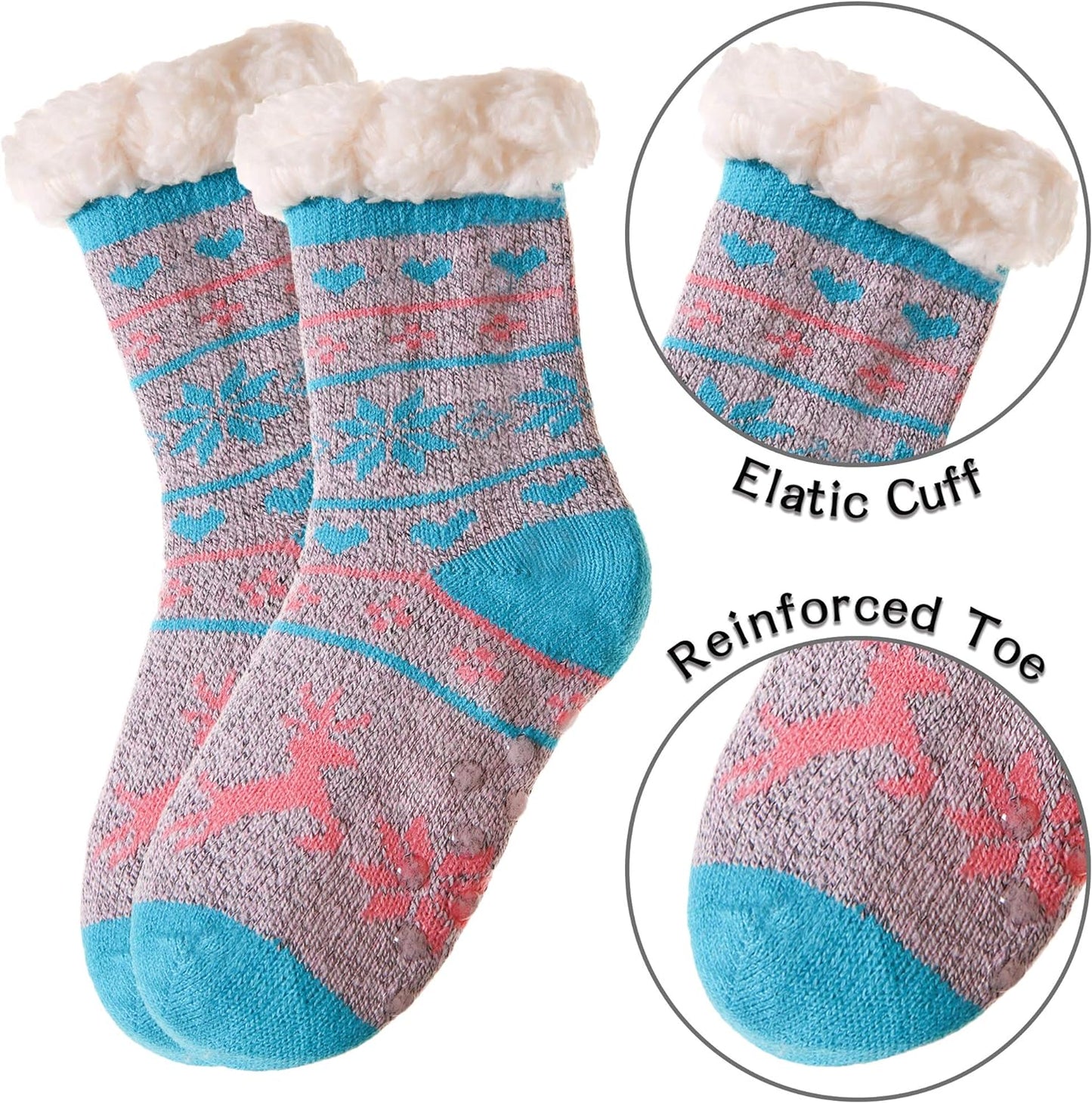 Kids Fuzzy Slipper Grip Socks Boys Girls Non Slip Winter Thick Fluffy Warm Soft Plush Thermal Crew Socks 6 Pairs