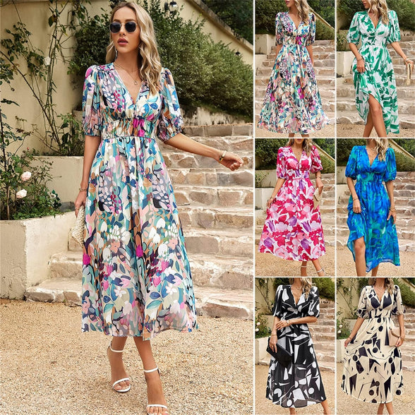 DOEUNNER Womens 2023 Summer Long Dress Floral Midi Dresses Wrap V Neck Smocked Ruffle Short Sleeve Flowy Belted Elastic Waist A Line Boho Dress