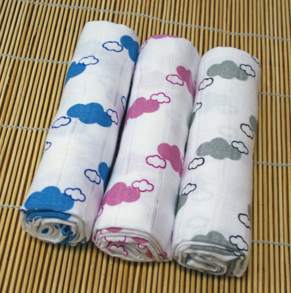 Muslinz 3pk Muslin Squares WHITE/PINK Cloud Print 70cms Bamboo-Organic Cotton, MUZBC-370CP