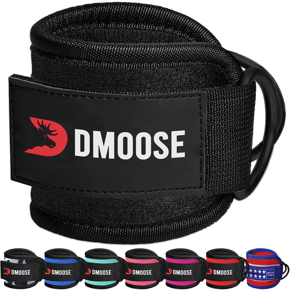 DMoose Fitness Ankle Straps for Cable Machines - Padded Gym Cuffs for Kickbacks, Glute Workouts, Leg Extensions, and Hip Abductors for Men and Women, Steel Double D Ring, Adjustable Neoprene Support