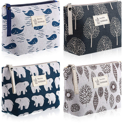 Boao 4 Pieces Canvas Cosmetic Bags Set Printed Makeup Bags with Zipper Multi-Functional Canvas Travel Pouch for Women Girls Vacation Travel Toiletry Bag, 4 Styles (Whale, Bear, Tree, Leave)