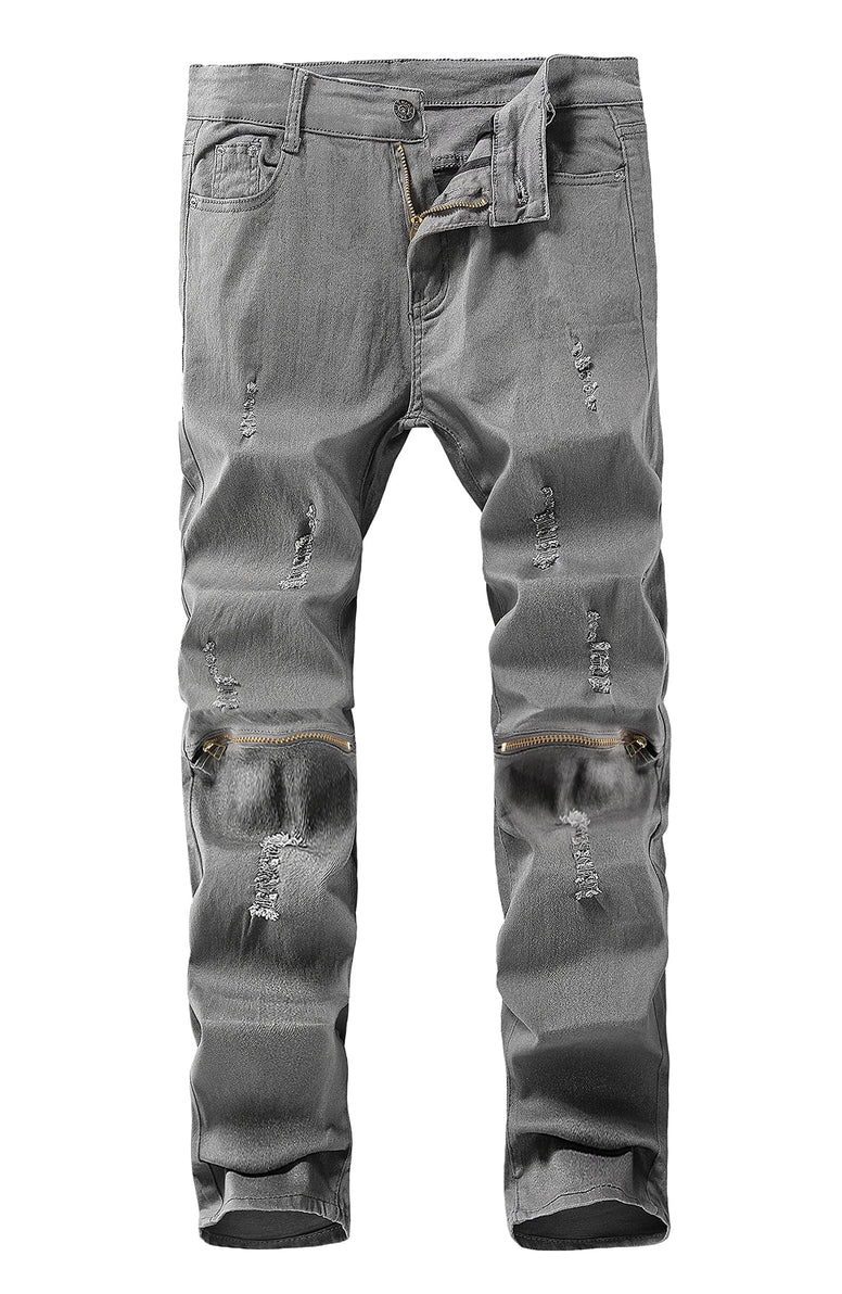Boy's Ripped Skinny Distressed Destroyed Slim Fit Jeans Pants with Zipper