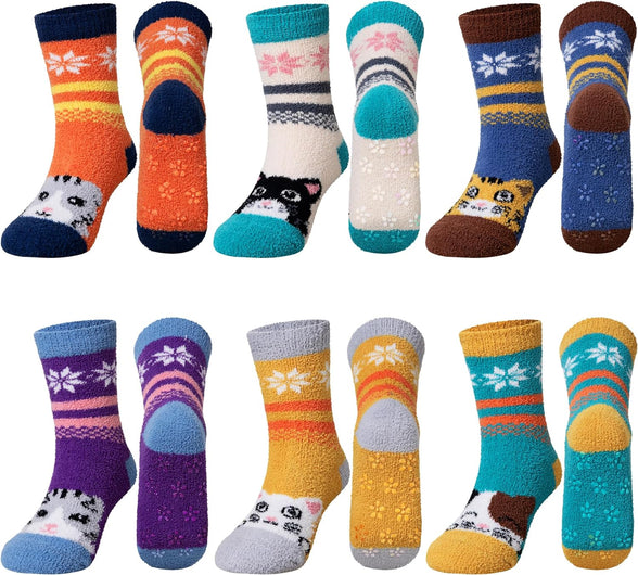 Kids Fuzzy Slipper Grip Socks Boys Girls Non Slip Winter Thick Fluffy Warm Soft Plush Thermal Crew Socks 6 Pairs