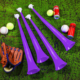 Outus 4 Pieces Collapsible Stadium Horn 24 Inch Vuvuzela Plastic Trumpet Horn Blow Horn Noisemakers for Sporting Events Graduation Games School Sports Party Supplies Favors Accessories (Purple)