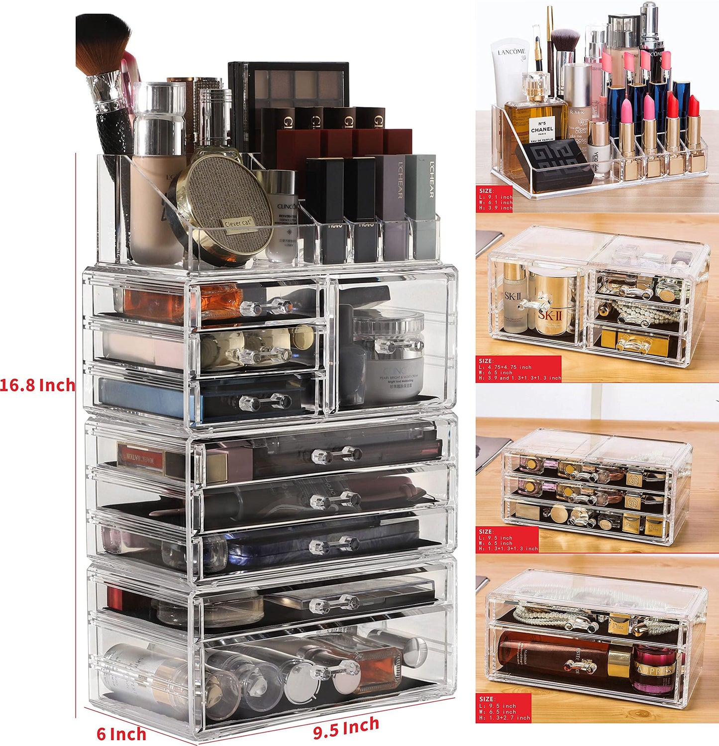 Large Clear Makeup Organizer Skin Care Cosmetic Display Cases Stackable Storage Box With 9 Drawers,Set of 4 By Cq acrylic