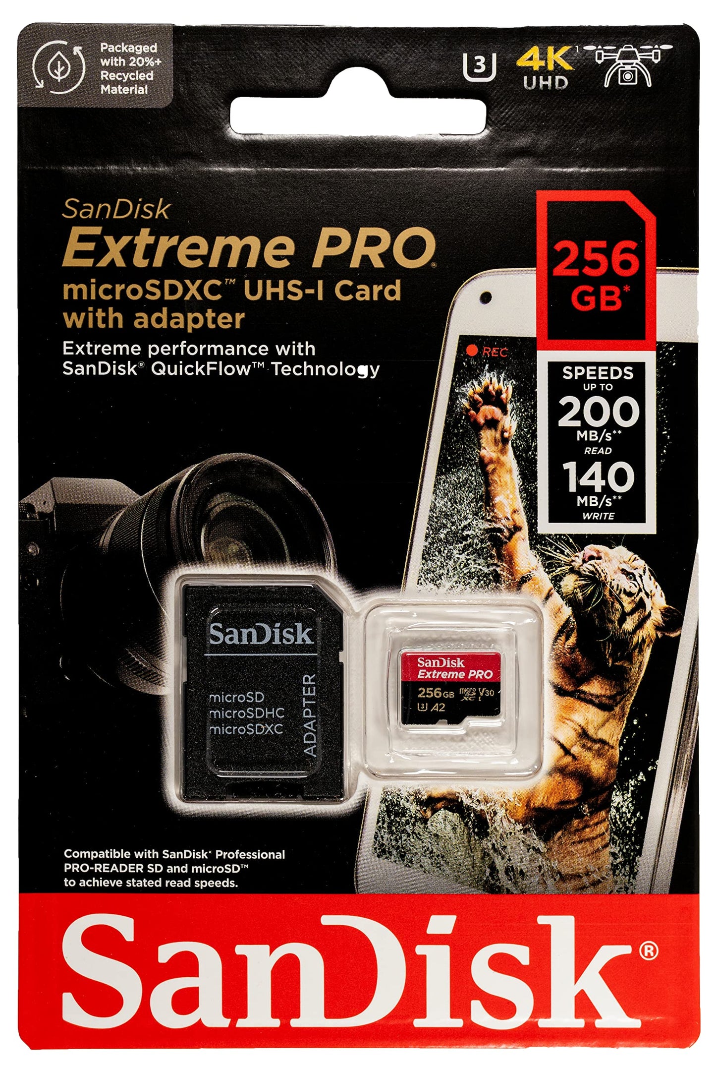 SanDisk Extreme Pro 256GB Micro SD Memory Card for GoPro Hero 9 Black Camera Hero9 UHS-1 U3 / V30 A2 4K Class 10 (SDSQXCY-256G-GN6MA) Bundle with (1) Everything But Stromboli MicroSDXC Card Reader