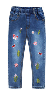 KIDSCOOL SPACE Little Girl Embroidered Slim Jeans, Big Girls Elastic Waist Denim Bottom Pants,5-6Years