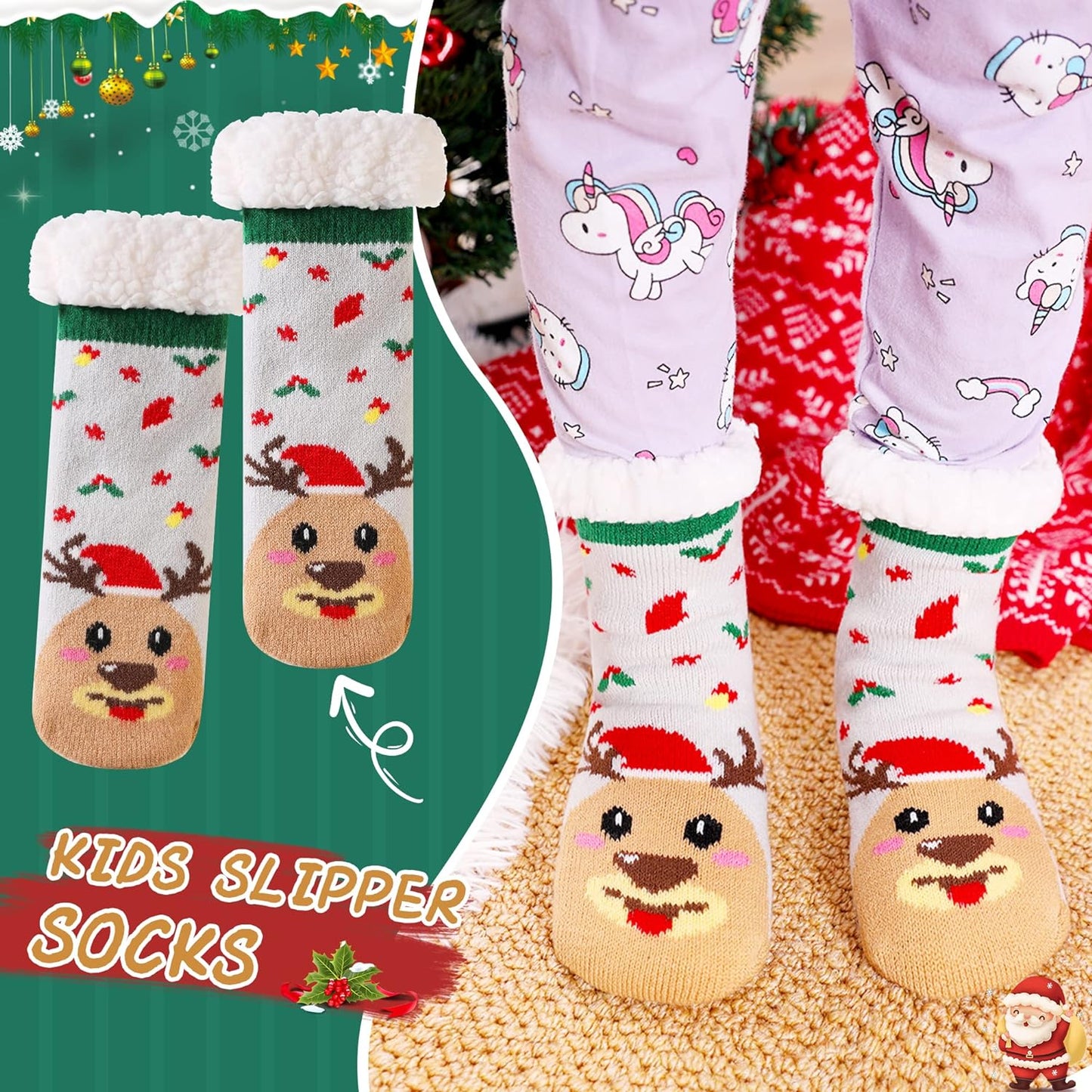 Kids Boys Girls Slipper Socks Warm Thick Fuzzy Fleece Lined Winter Cartoon Thermal Anti-Slip Soft Children's Home Floor Socks