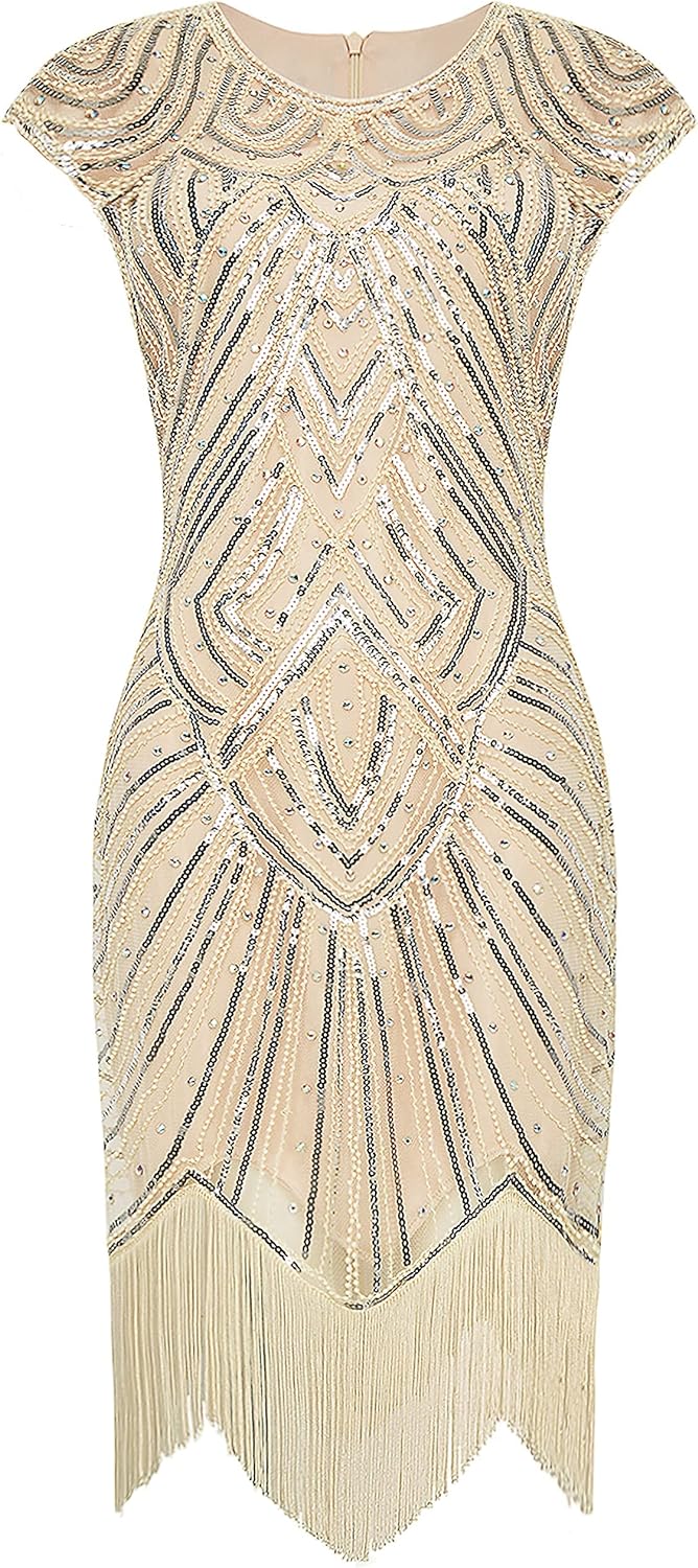 Excefore Women's Flapper Dresses 1920s Beaded Fringed Great Gatsby Dress, Beige/M