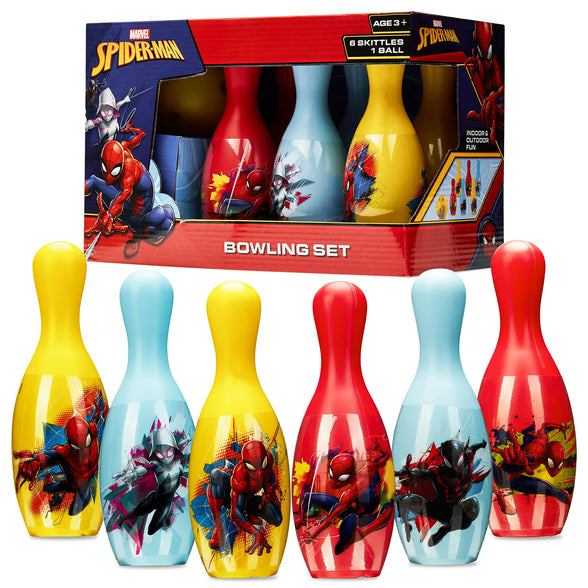 Marvel Spiderman Bowling Set Kids 1 Ball 6 Pins Skittles Game for Kids Summer Garden Toys Indoor Outdoor Games Bowling Game Party Birthday Spiderman Gifts for Boys (Multi Spiderman)