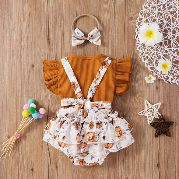 Newborn Baby Girls Summer Clothes Sets Ruffle Sleeve Top T-Shirt Floral Suspender Shorts Headband (0-3 Months)