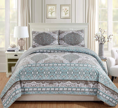 Linen Plus Over Size Quilted Bedspread Set Floral Aqua Blue Taupe White New (King/Cal King)