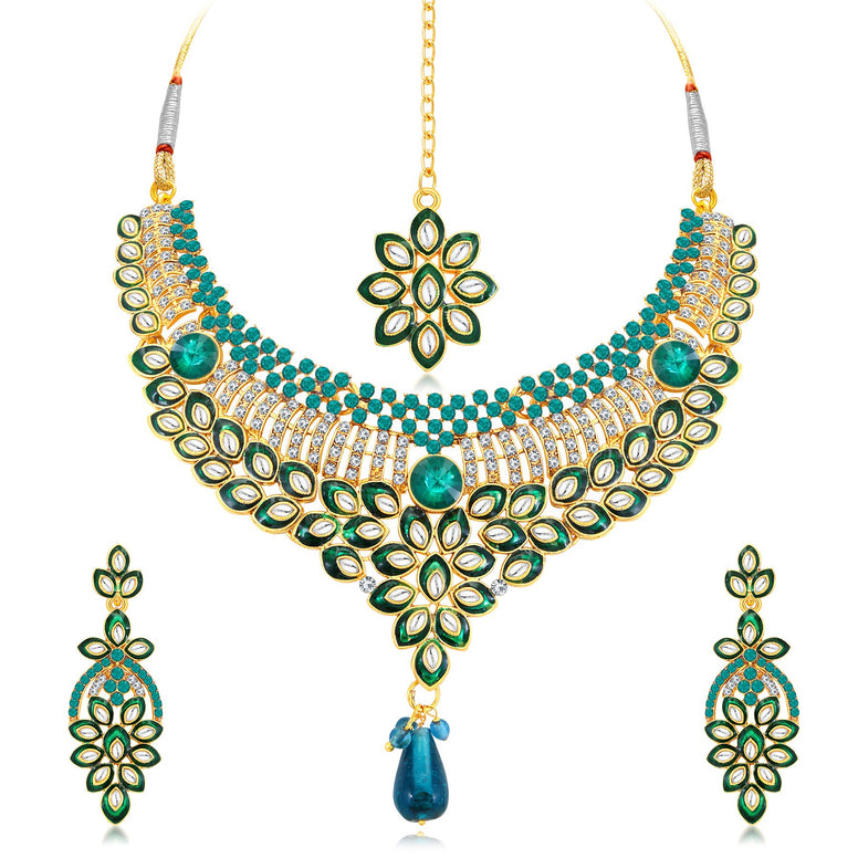 Sukkhi Delightful Gold Plated AD Collar Necklace Set For Women