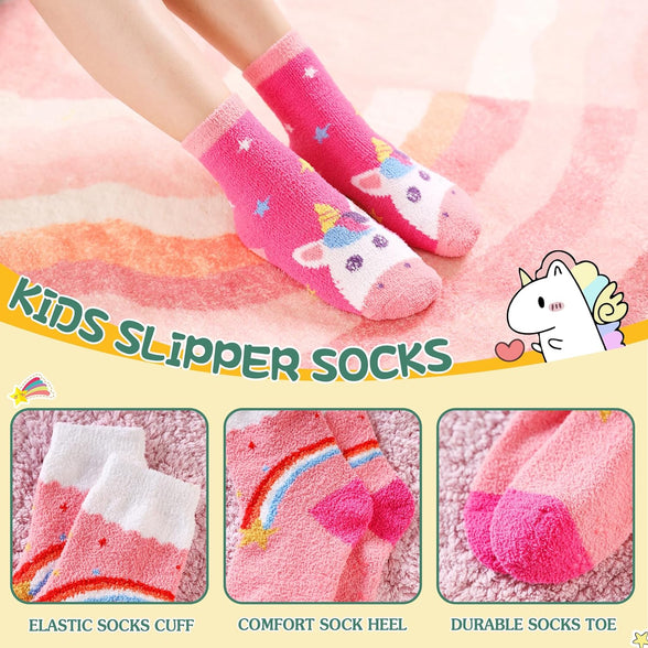 Kids Fuzzy Slipper Grip Socks Boys Girls Non Slip Winter Thick Fluffy Warm Soft Plush Thermal Crew Socks 6 Pairs