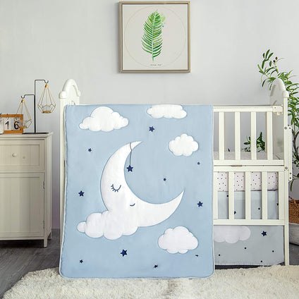 La Premura Sleeping Moon Baby Nursery Crib Bedding Set, 3 Piece Standard Size Crib Bedding Set, Blue and Grey