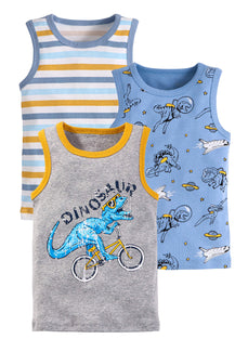 Coralup Little Boys Tank Top Shirts 3 Pack Tanks Set (3-4T,2 Dino+Stripes)