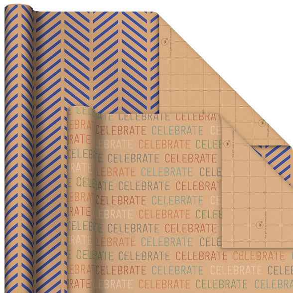 Hallmark Recyclable Wrapping Paper with Cutlines on Reverse (6 Rolls: 120 Square Feet Total) Red Grid, Blue Chevron, Rainbow Stars,"Celebrate" on Kraft Brown for Birthdays, Graduations, Father's Day