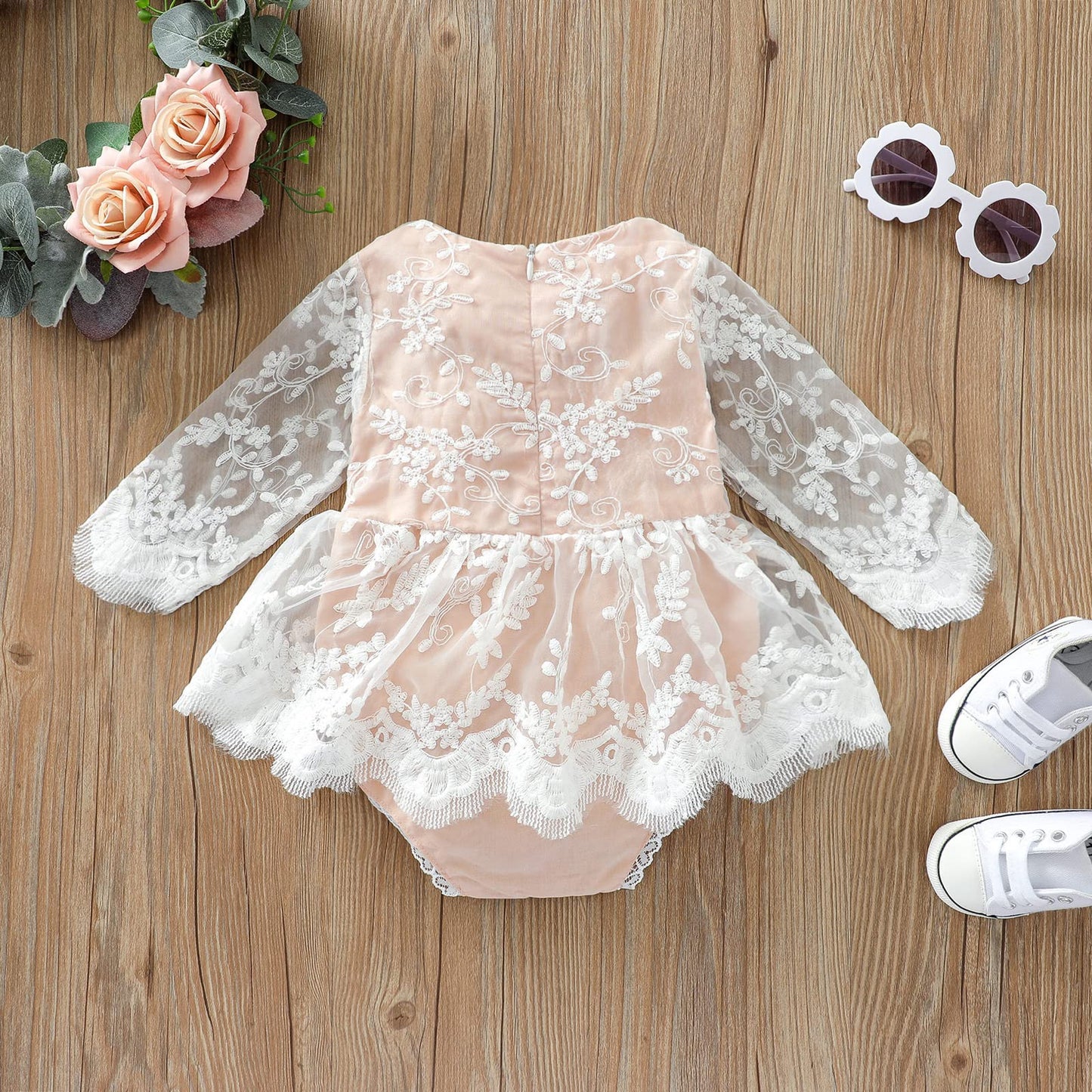 IBTOM CASTLE Baby Girl Summer Clothes Boho Lace Romper Dress Ruffle Embroidered Bodysuits Backless One Piece Jumpsuit Infant Coming Home Onesie Ist Birthday Cake Smash Photoshoot Outfit 3-6 Months