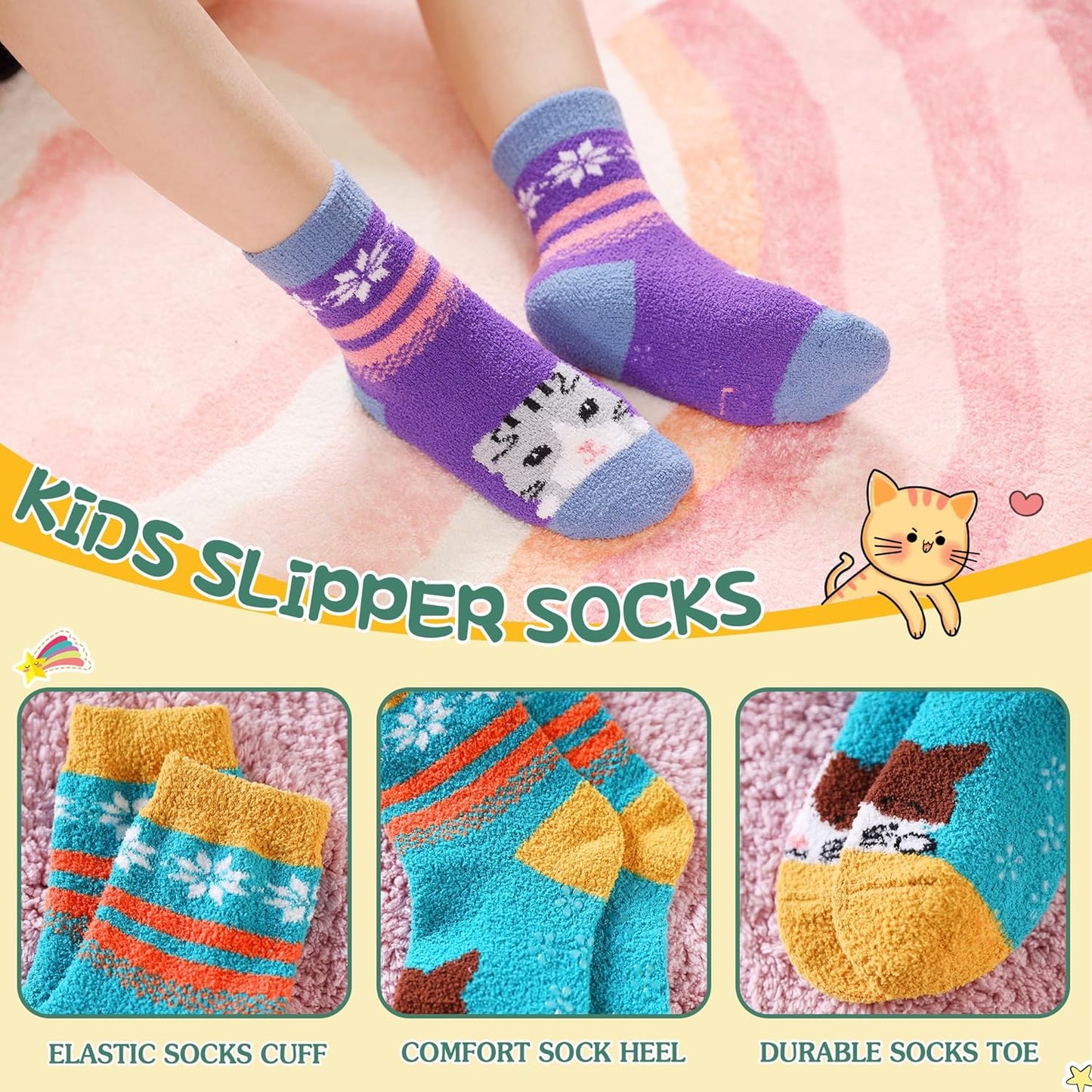 Kids Fuzzy Slipper Grip Socks Boys Girls Non Slip Winter Thick Fluffy Warm Soft Plush Thermal Crew Socks 6 Pairs