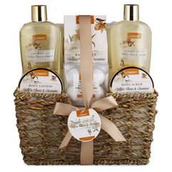 Home Spa Gift Basket - White Rose & Jasmine - Luxury 11 Piece Bath & Body Set For Men & Women, Contains Shower Gel, Bubble Bath, Body Lotion, Body Scrub, Bath Salt, 4 Bath Bombs, Loofah & Basket