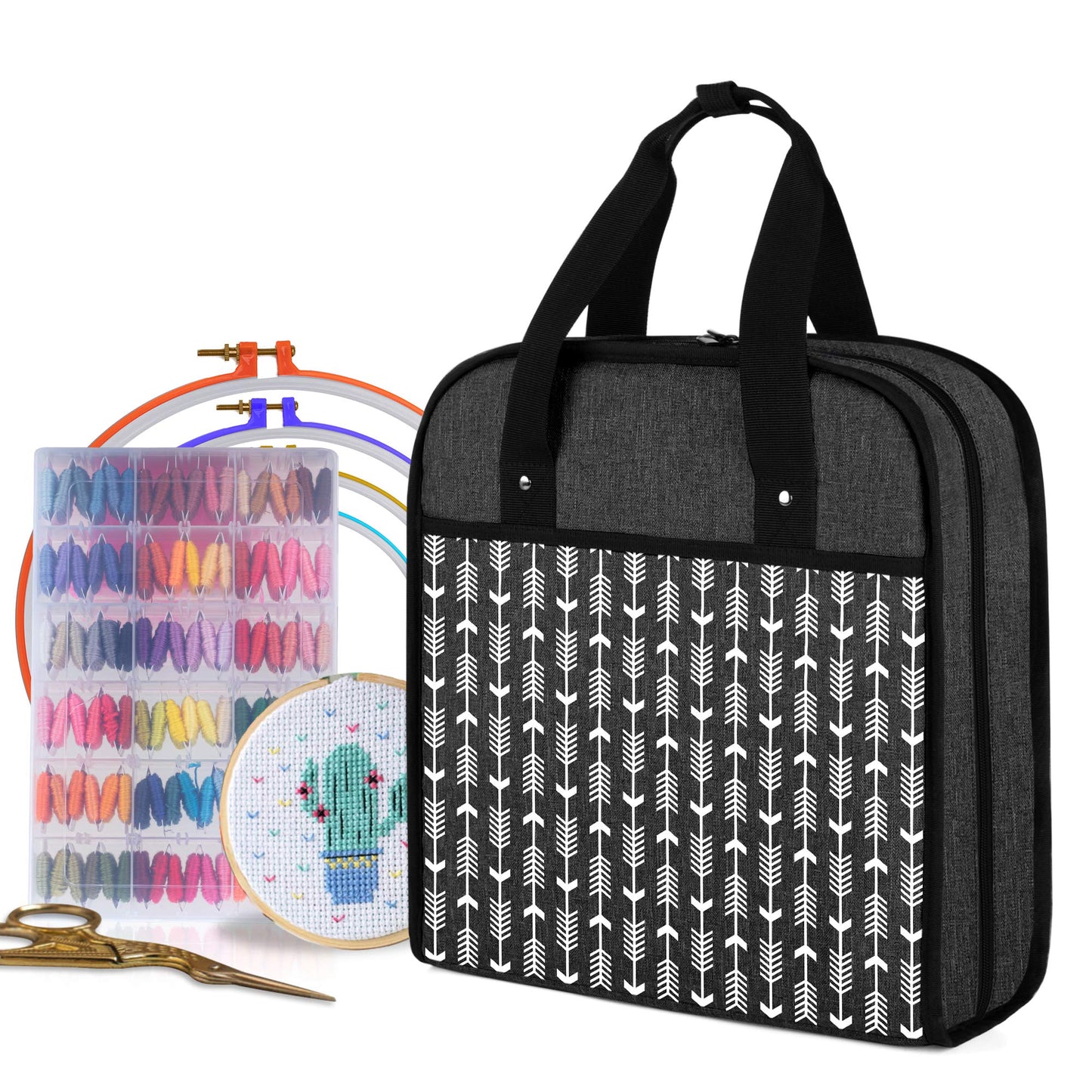 YARWO Embroidery Bag, Embroidery Projects Storage with Multiple Pockets for Embroidery Hoops (Up to 12"), Embroidery Floss and Supplies, Black with Arrow (Bag Only)